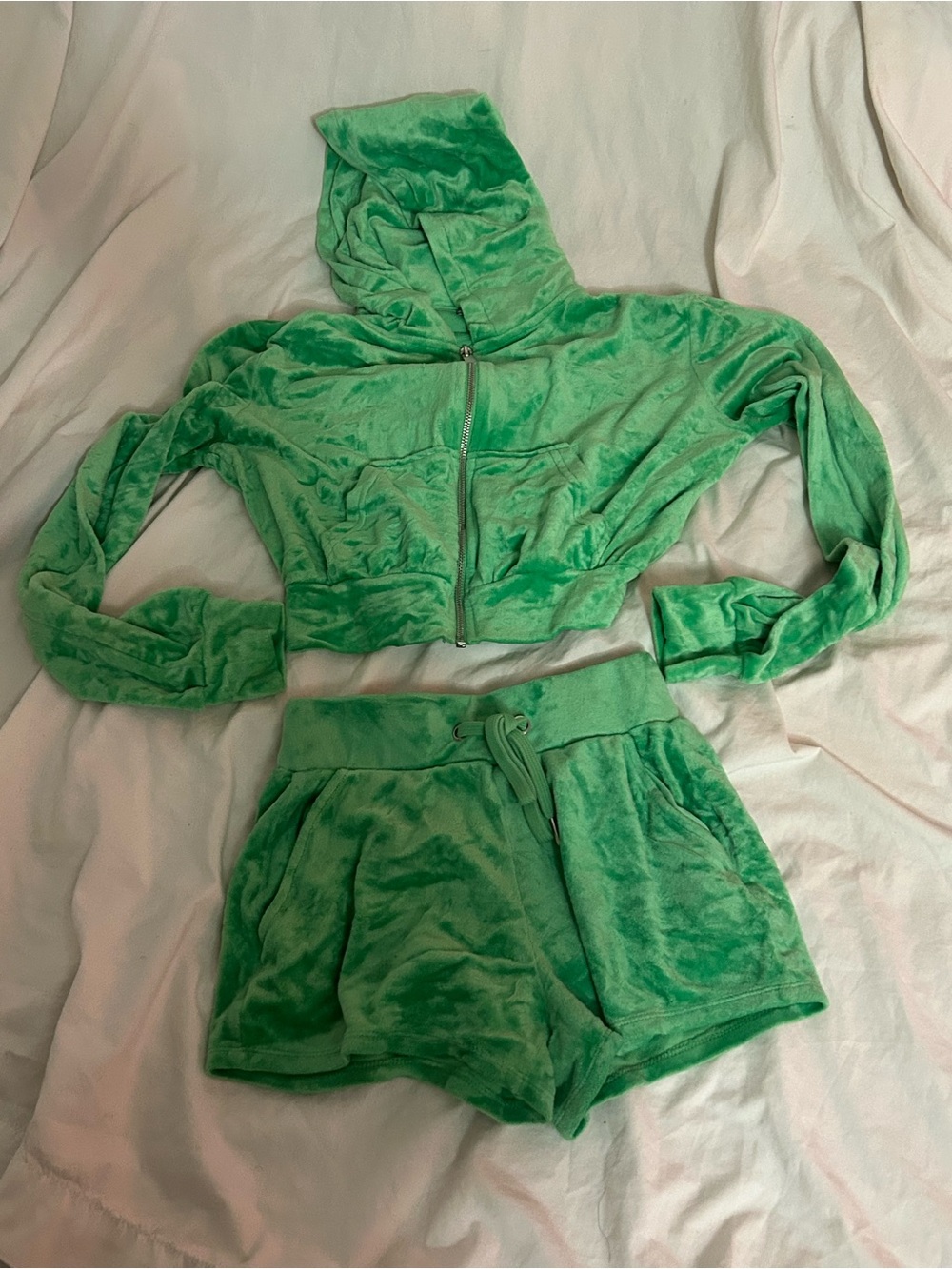 Divided Bright Green Velour Cropped Hoodie & Drawstring Shorts Set